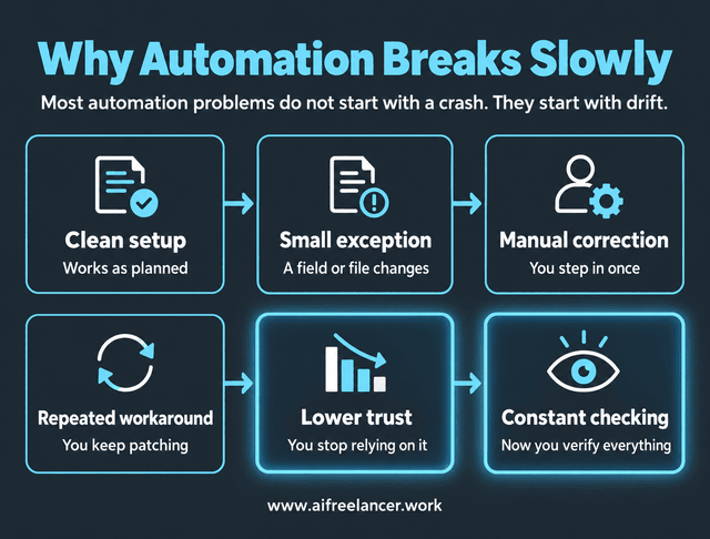business automations: 6 boxes with reasons why automations breaks slowly